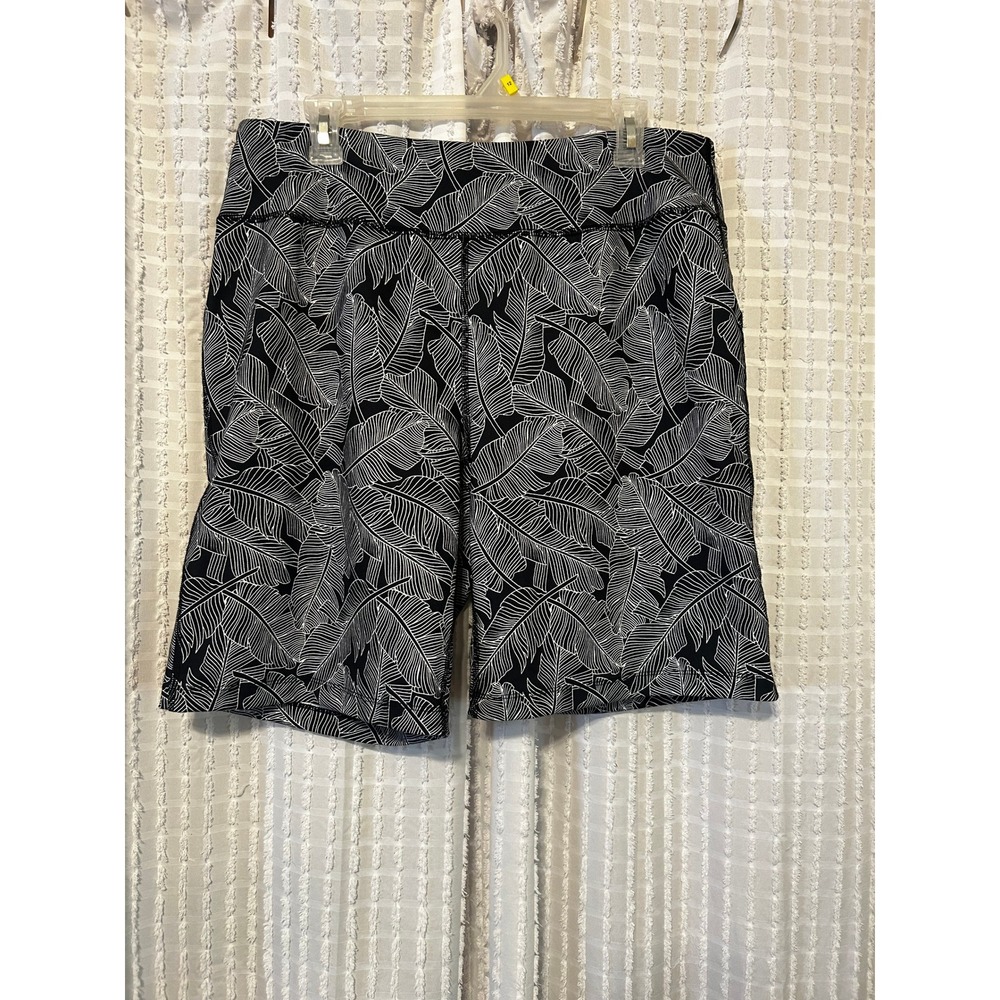 Lands End Womens Black White Tropical Palm Leaf Active Shorts Size L 14-16